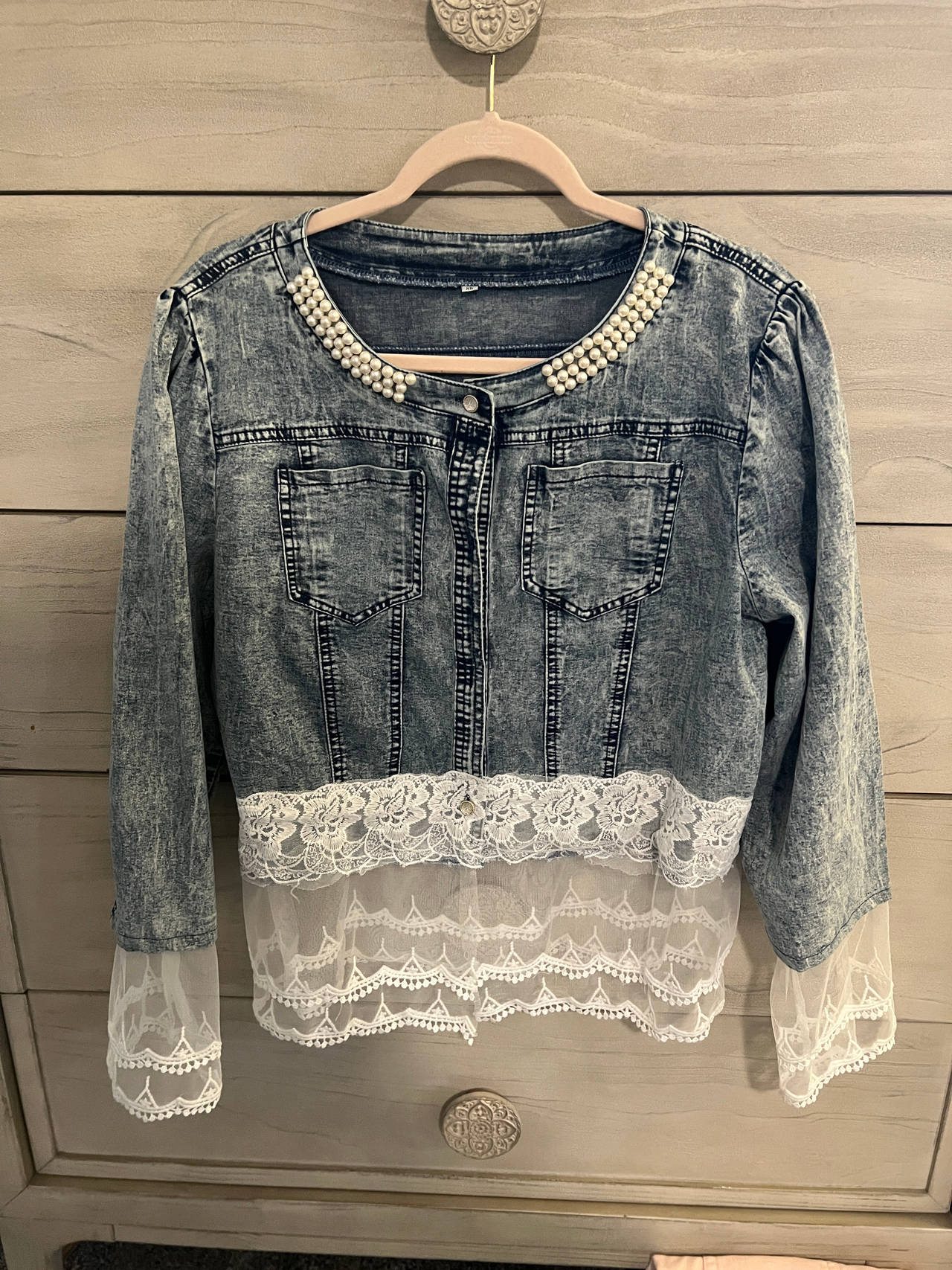Denim Jacket with Lace and Pearl Embellishments