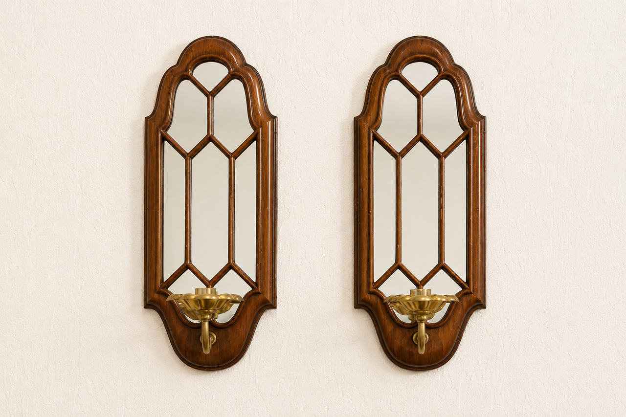Vintage Cathedral Metal Mirror Wall Sconces Pair
