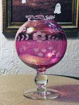 Vintage Cranberry Glass Etched Floral Vase with Scalloped Edges  - Image 1