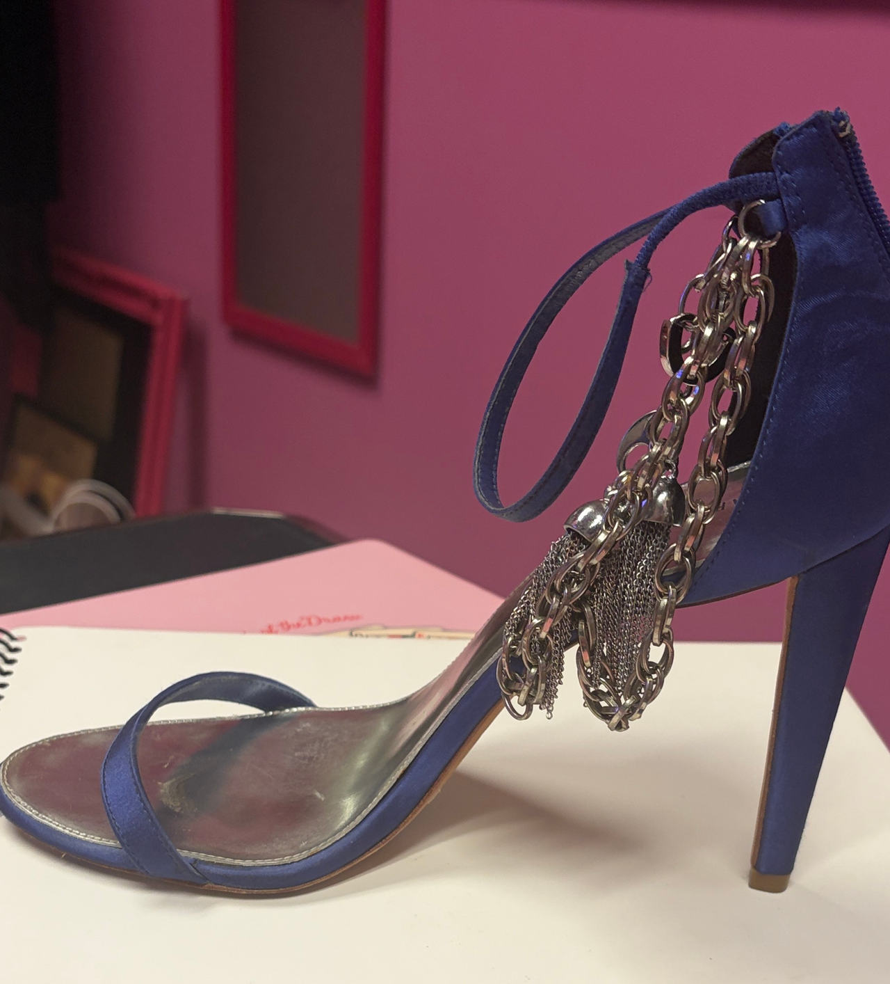 Blue Satin Chain Tassel Stiletto Sandals