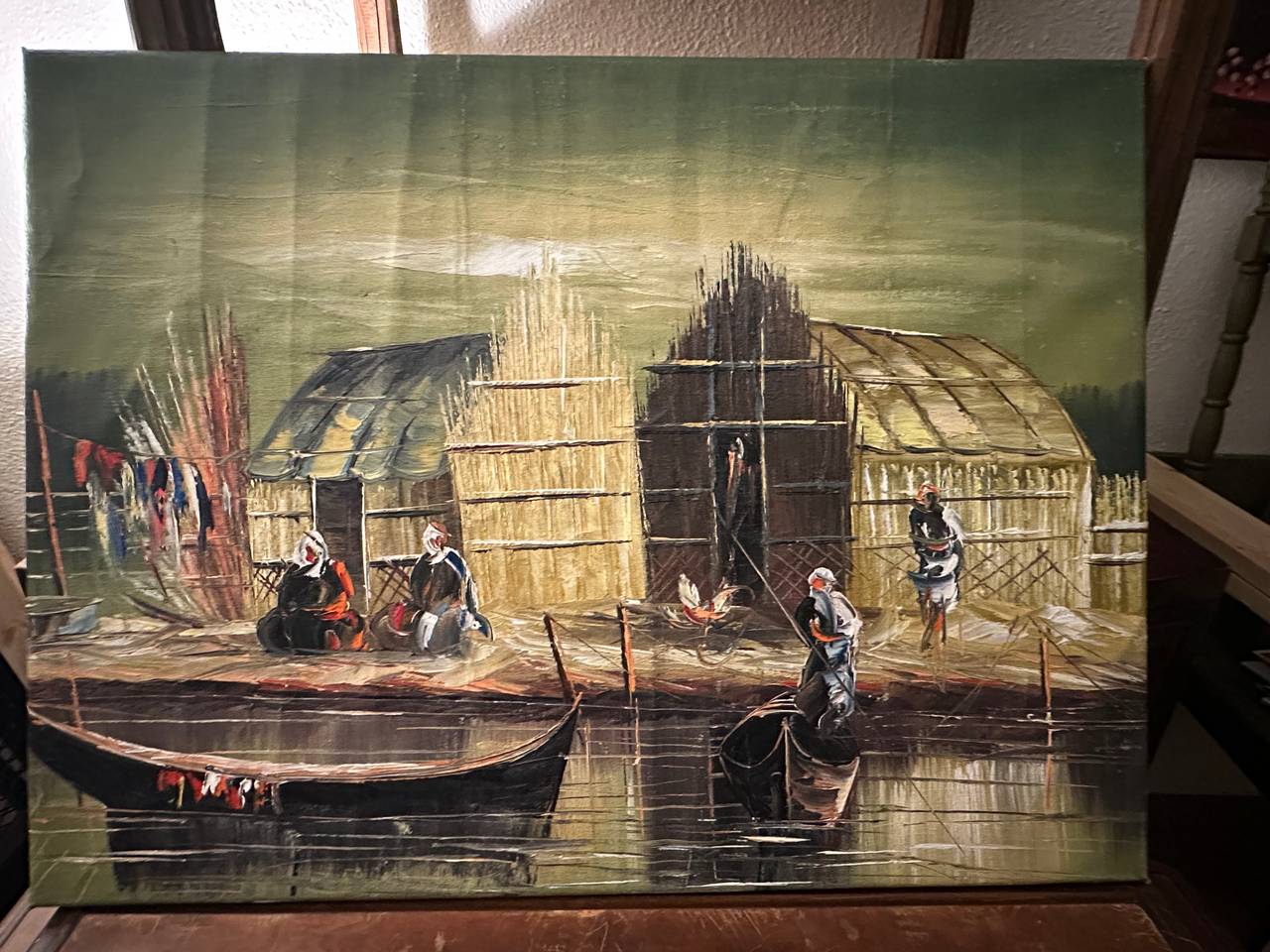 Vintage Mid-Century Oil Painting on Canvas - Village Scene