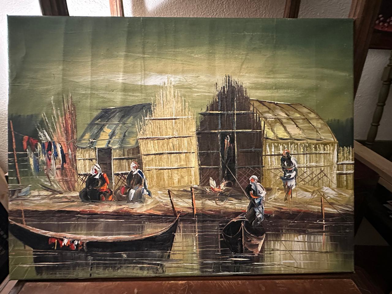 Vintage Mid-Century Oil Painting on Canvas - Village Scene