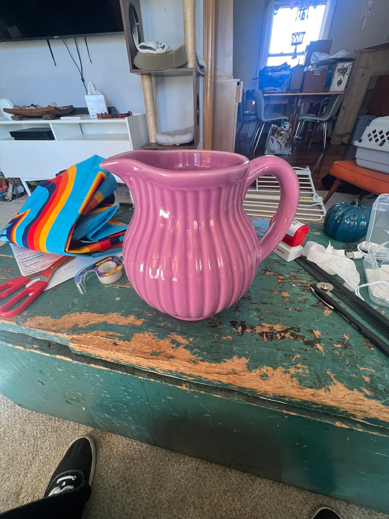 Fapor Pink Ribbed Pottery Pitcher