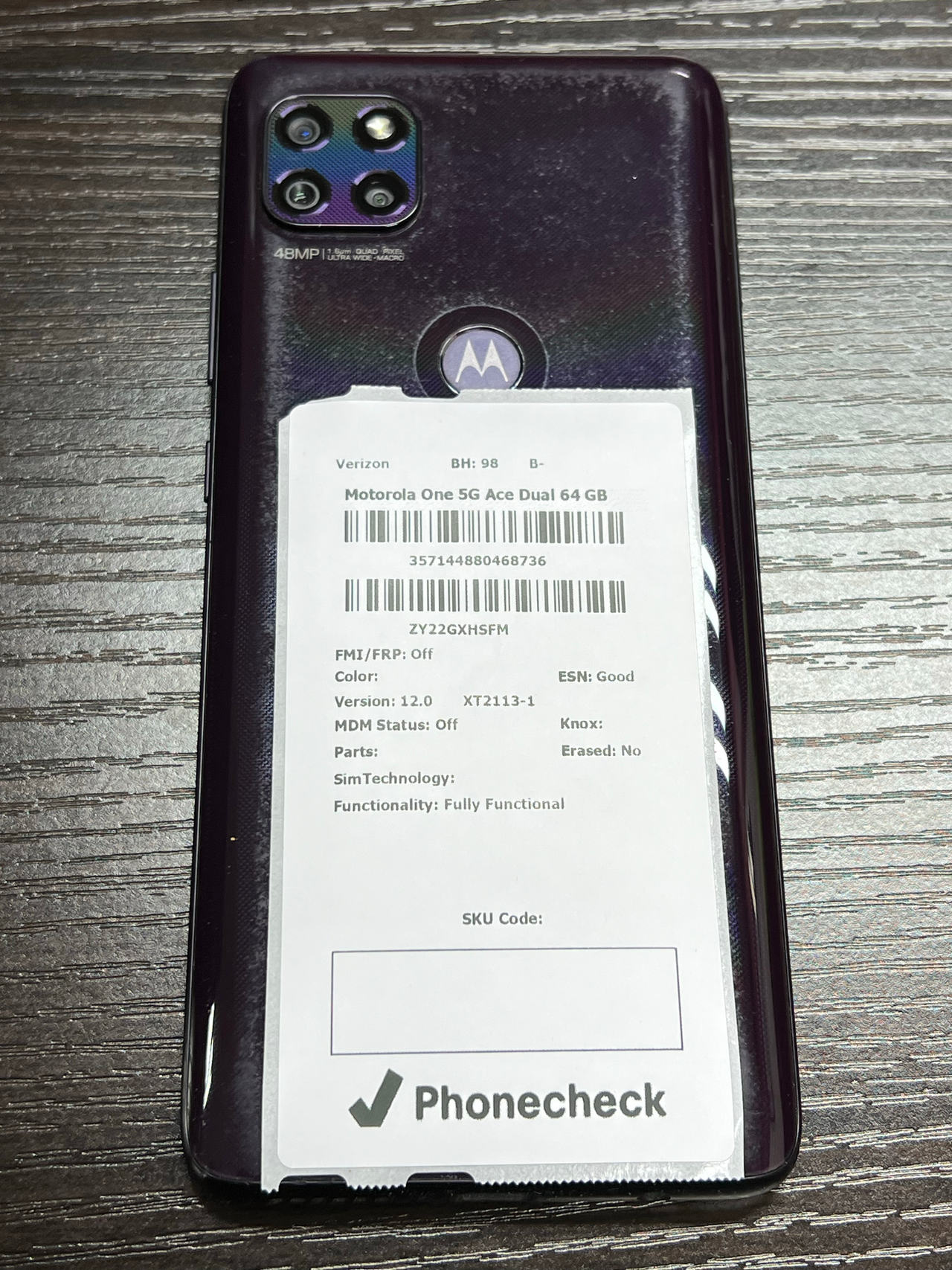 Motorola One 5G Ace 64GB Verizon 98% Battery Health