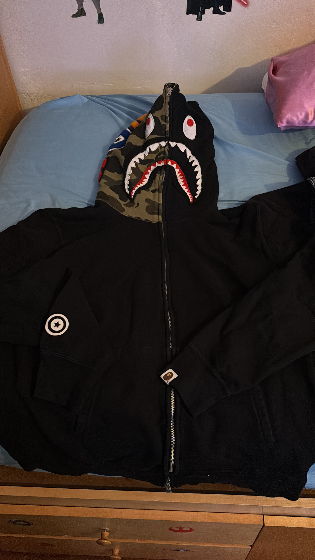 BAPE Shark Full Zip Hoodie Camo Hood |Black Size Large