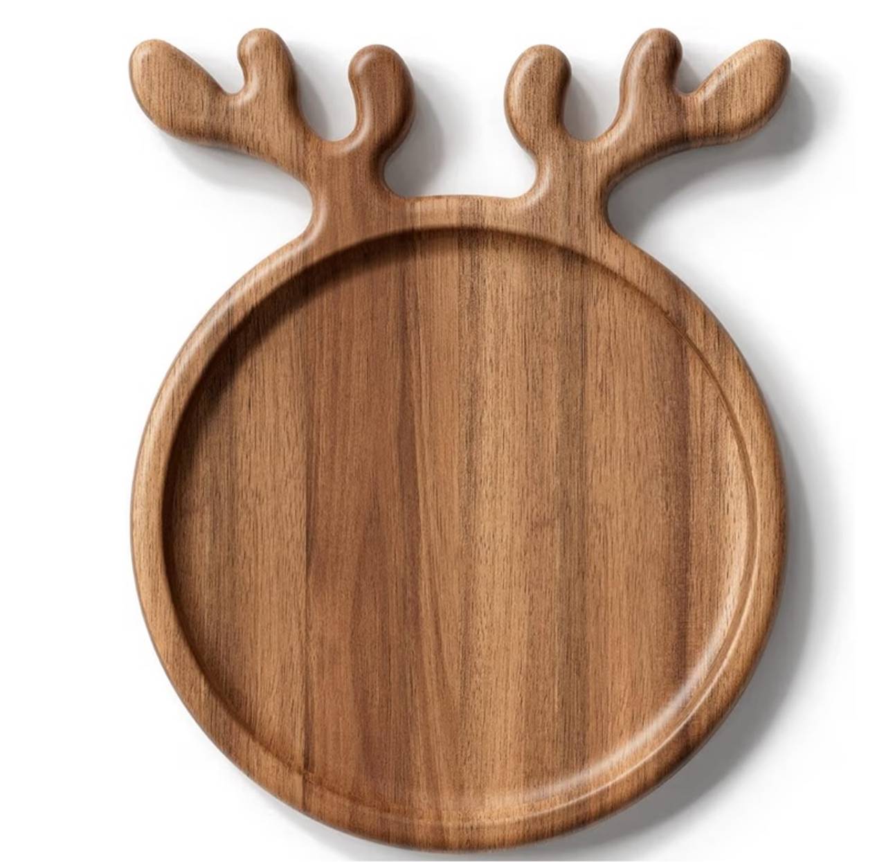 Acacia Wood Serving Platter, Christmas Decorative Reindeer Antler, 12"x10"Round