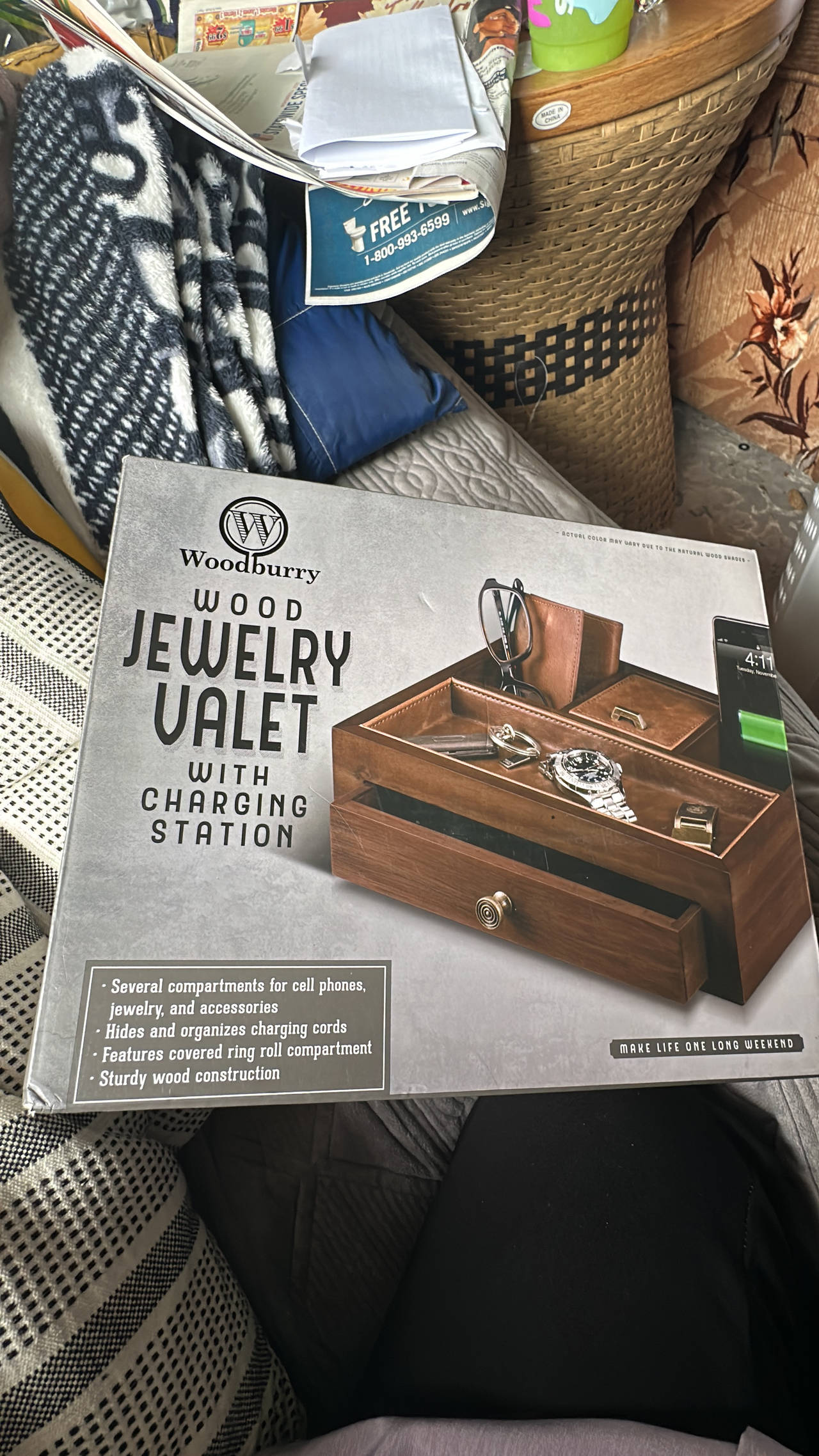 Wood Jewelry Valet with Charging Station