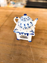 Talavera Blue and White Teapot with Essential Oil Warmer Base - Image 4