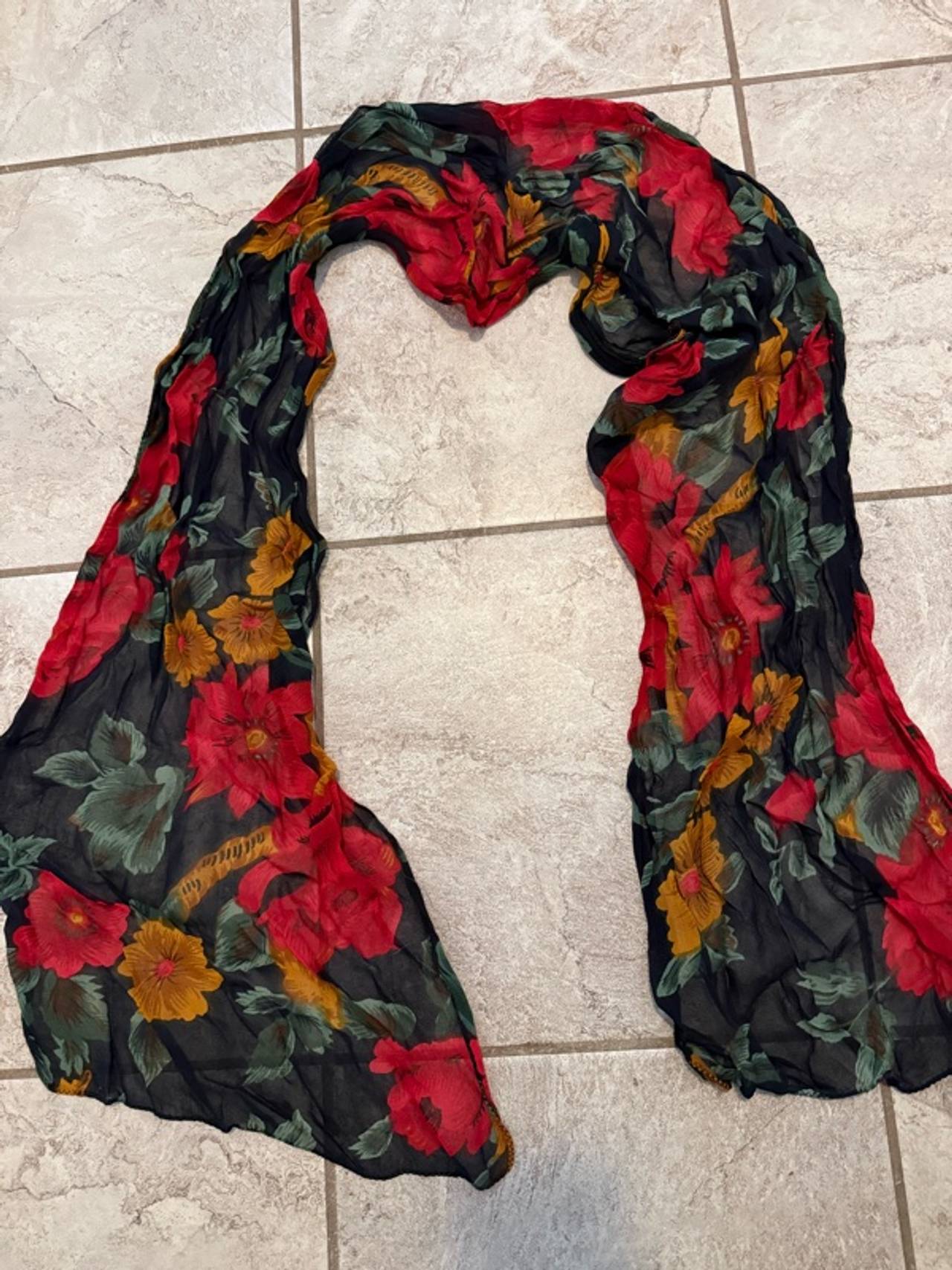 Floral Rayon Scarf with Red and Yellow Flowers