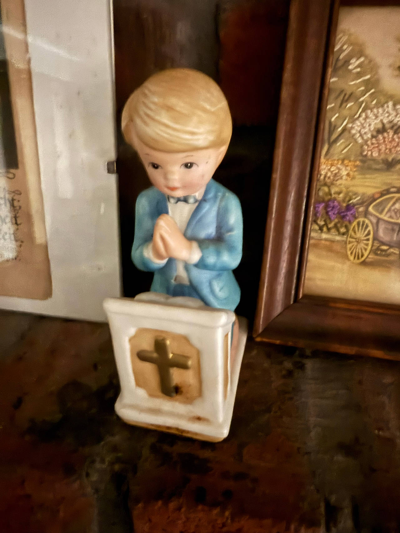 Vintage Ceramic Praying Boy Figurine with Kneeler