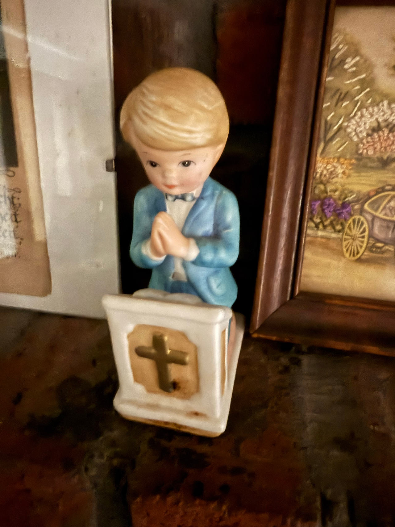 Vintage Ceramic Praying Boy Figurine with Kneeler