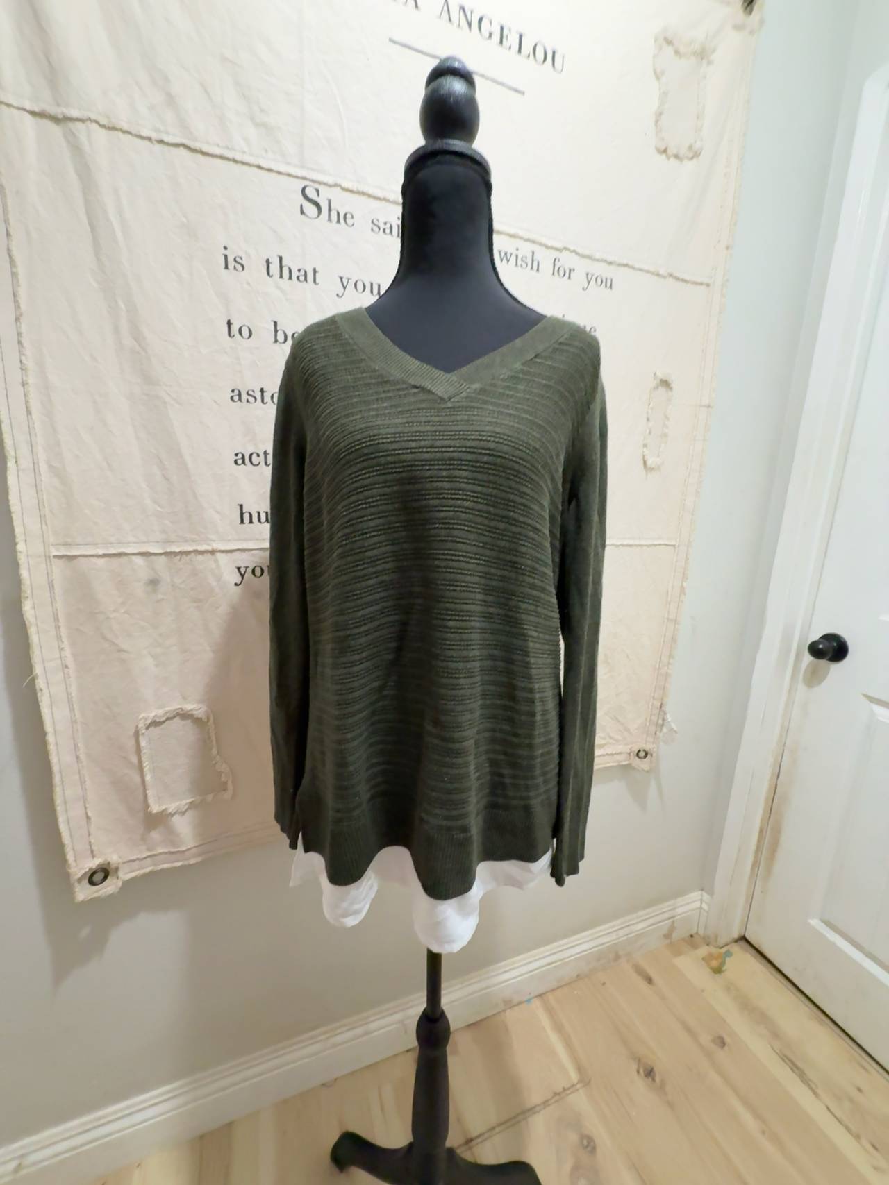 Hilary Radley Women's V-Neck Layered Sweater Olive