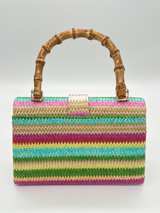 Multicolor Woven Straw Clutch Bamboo Handle Gold Chain Crossbody Purse - Image 2