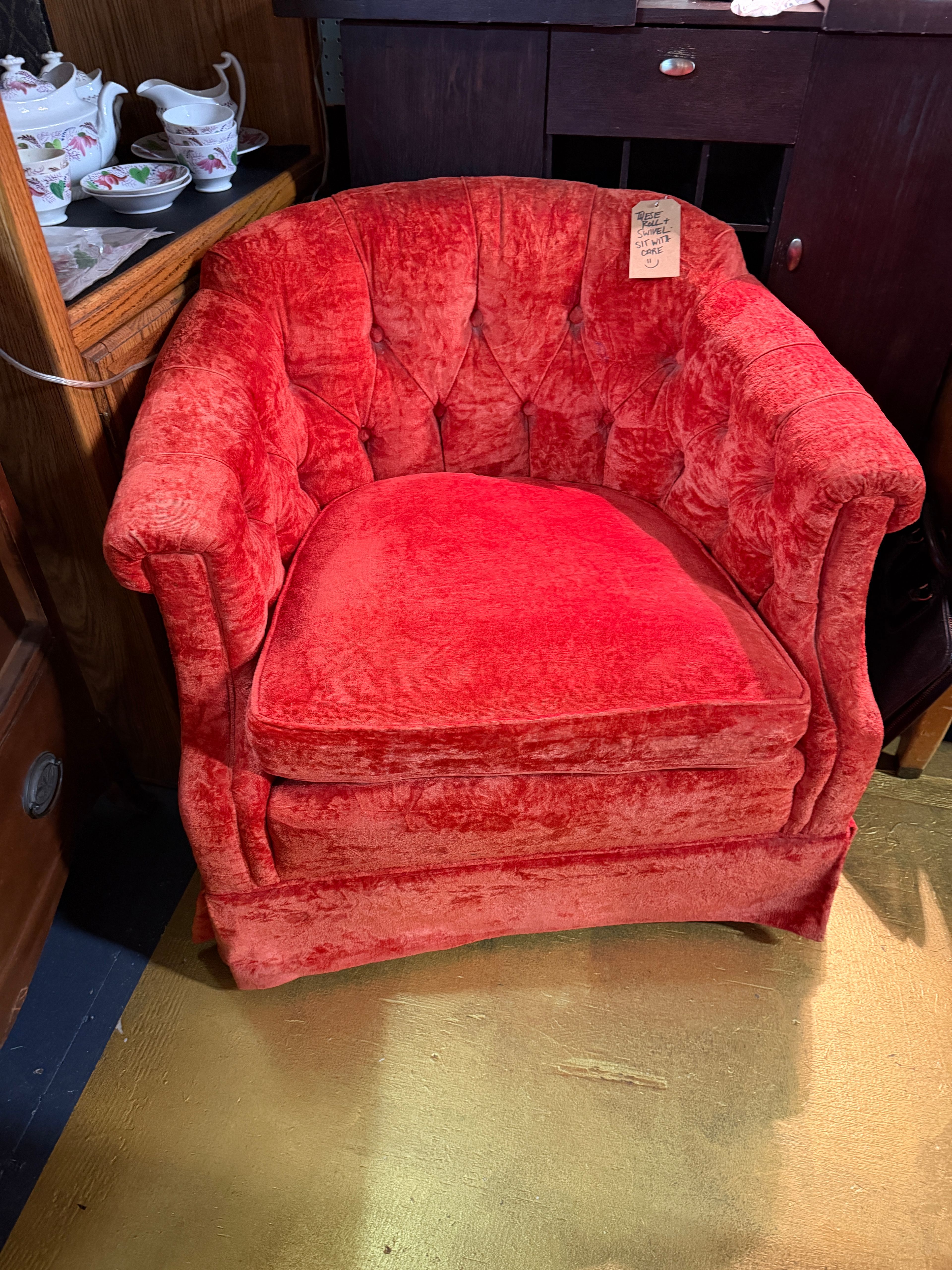 Pair of Mid-Century Modern Red Velvet Swivel Chairs - Image 7