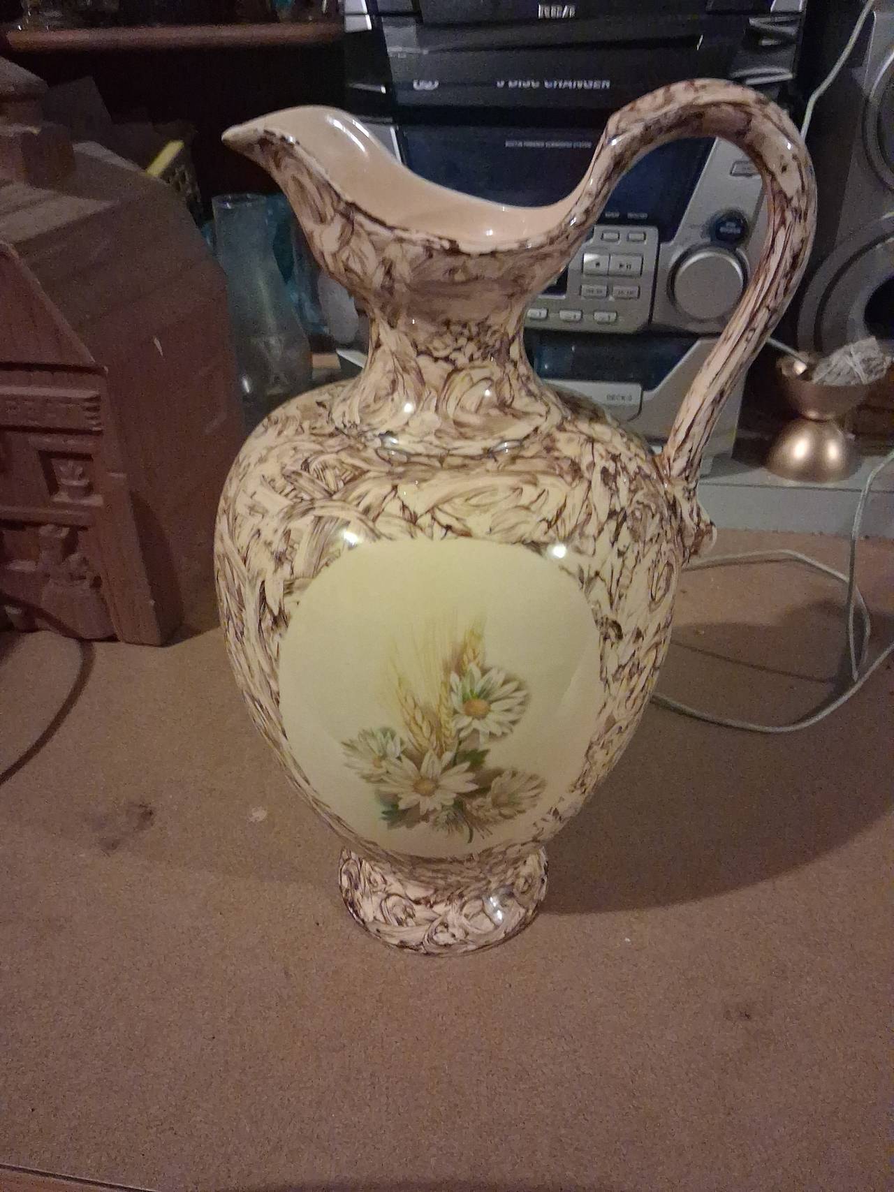 Vintage Marbled Floral Ceramic Pitcher