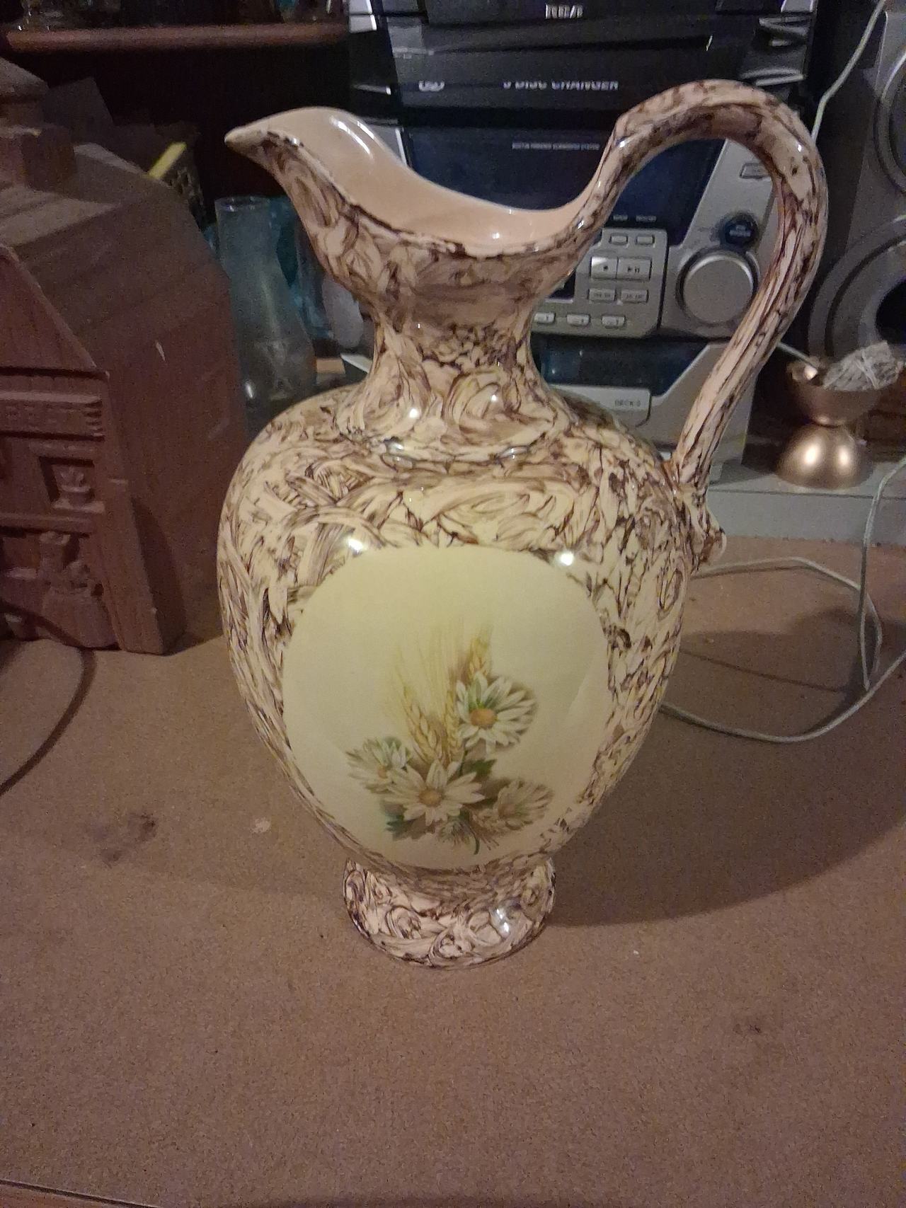 Vintage Marbled Floral Ceramic Pitcher