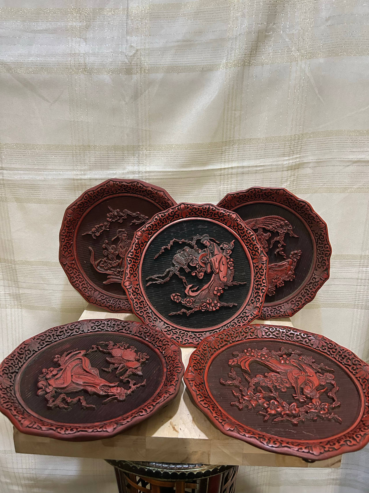 Vintage Chinese Cinnabar Style Decorative Plates Set of 5