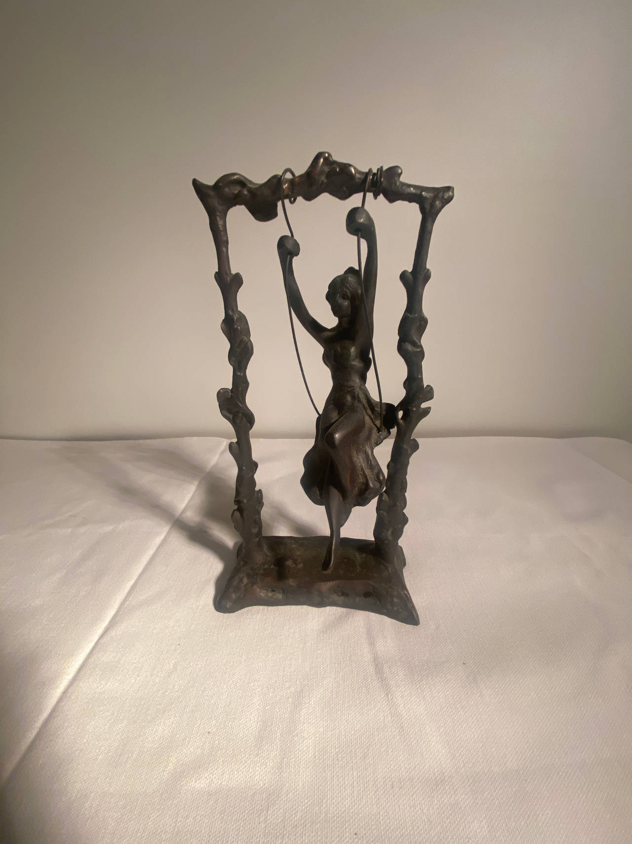 Vintage Girl On A Swing Sculpture Figure After Moreau Signed Bronze Metal