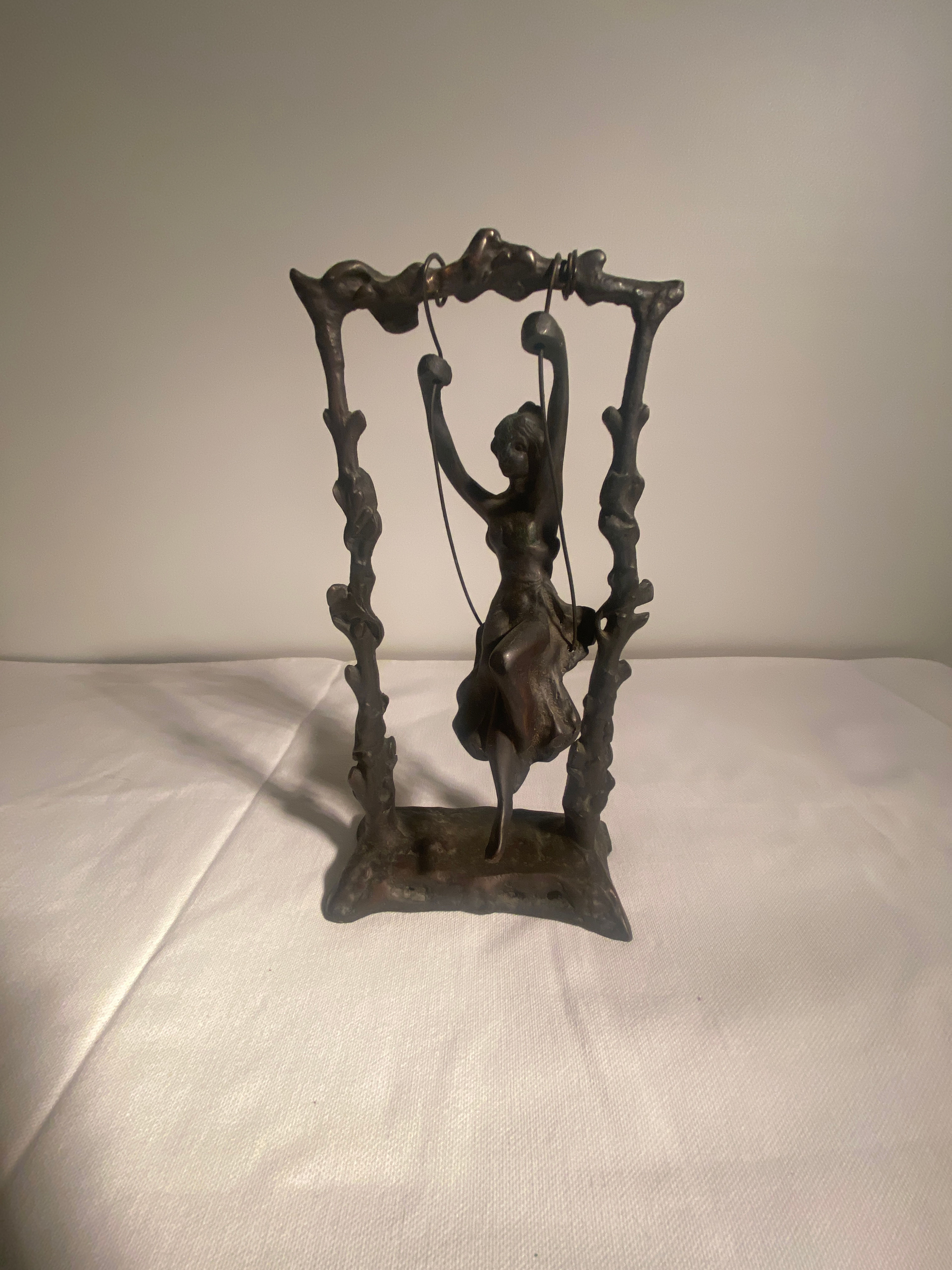 Vintage Girl On A Swing Sculpture Figure After Moreau Signed Bronze Metal