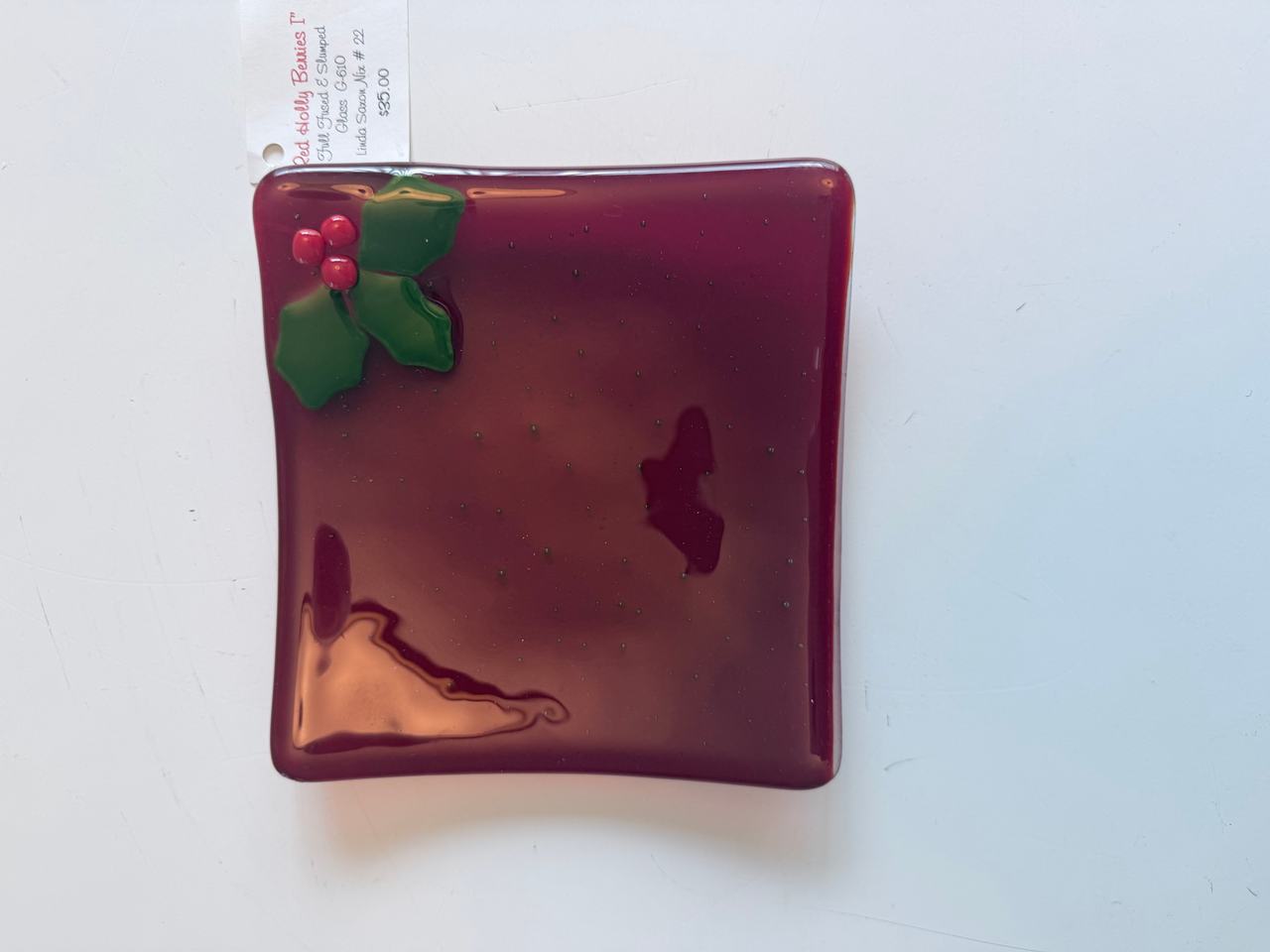 Linda Saxon Mix Red Holly Berries Fused Glass Dish