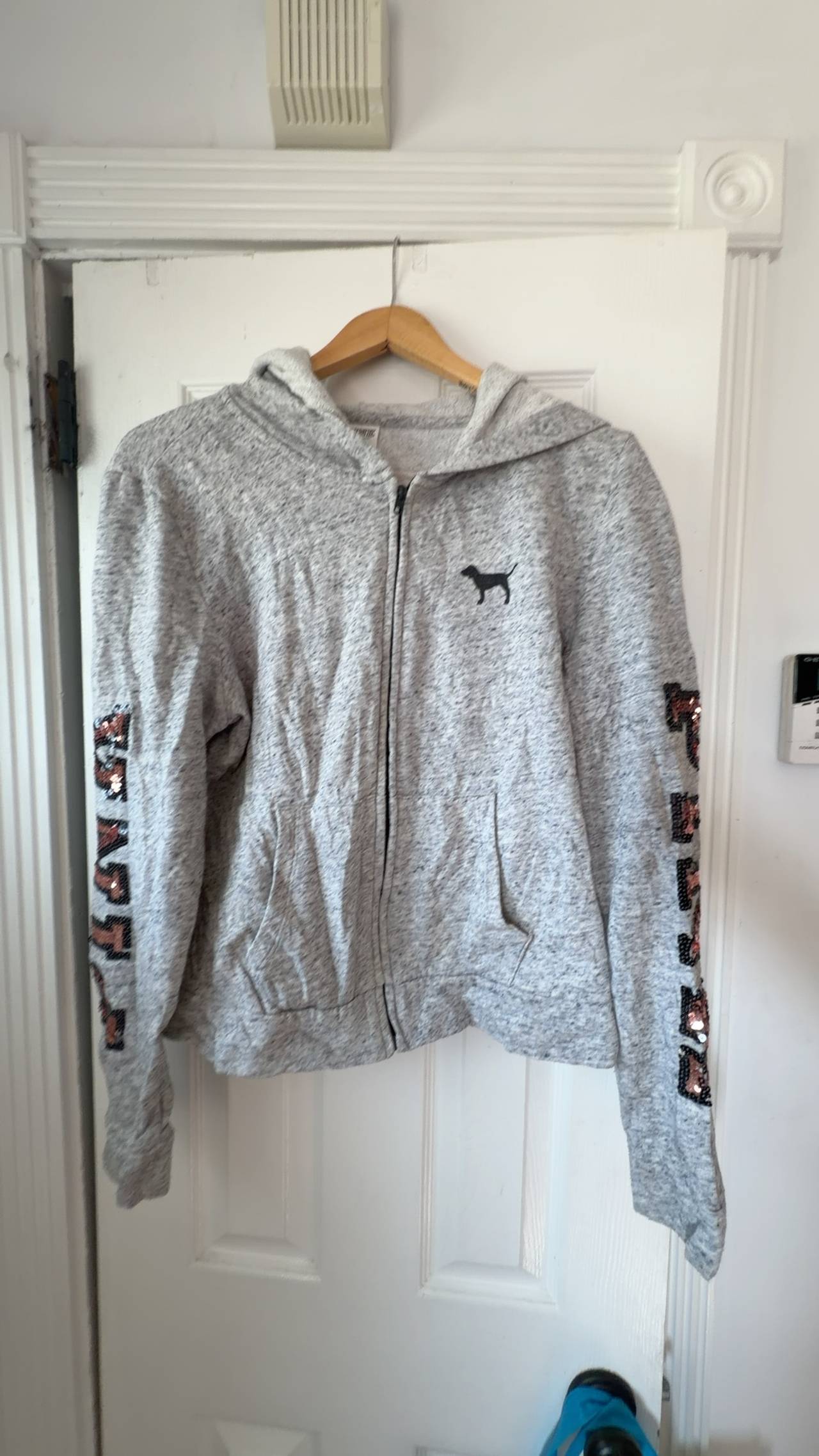 Victoria's Secret Pink Full Zip Hoodie Gray Large Sequin Vintage 