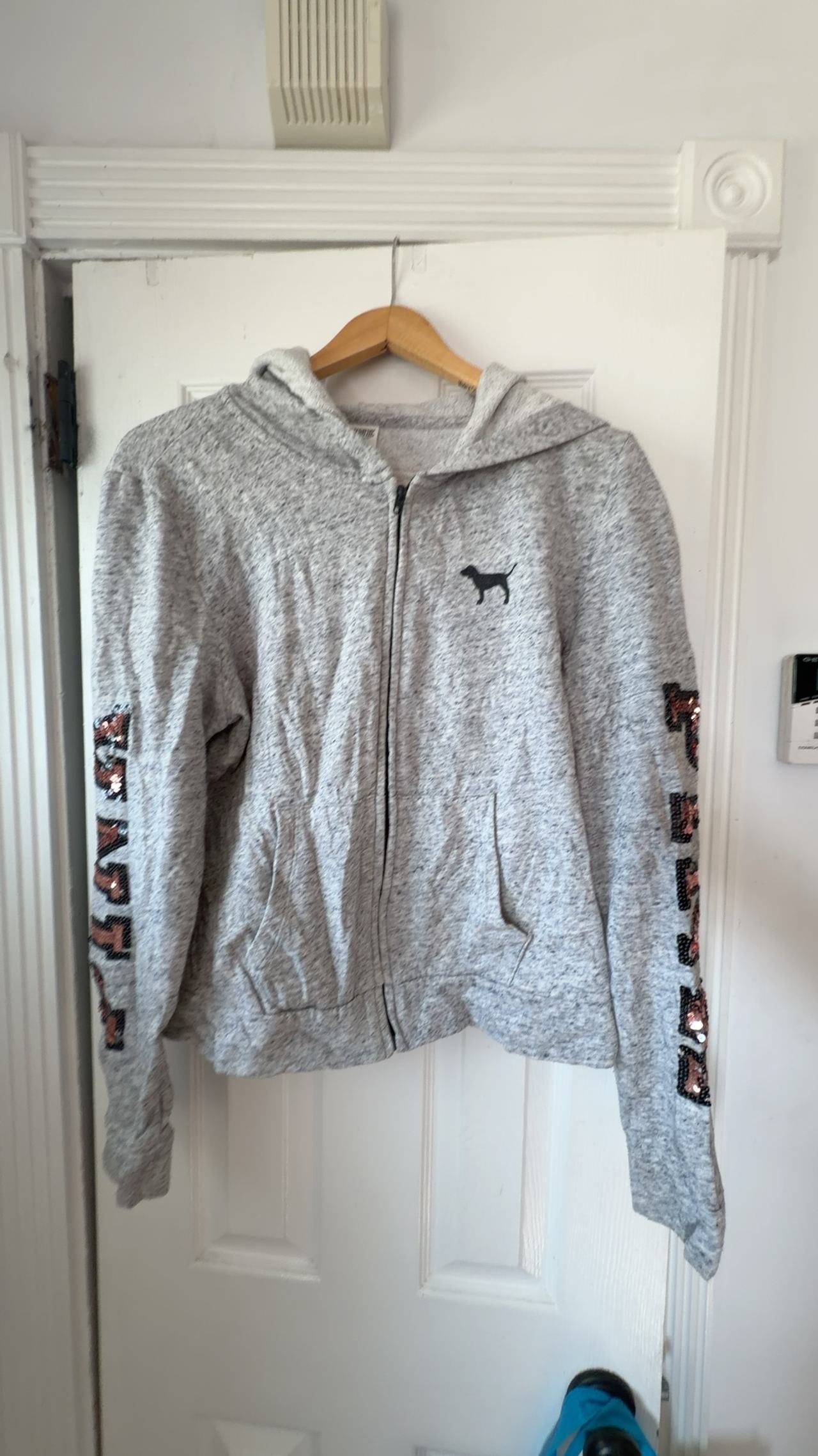 Victoria's Secret Pink Full Zip Hoodie Gray Large Sequin Vintage 