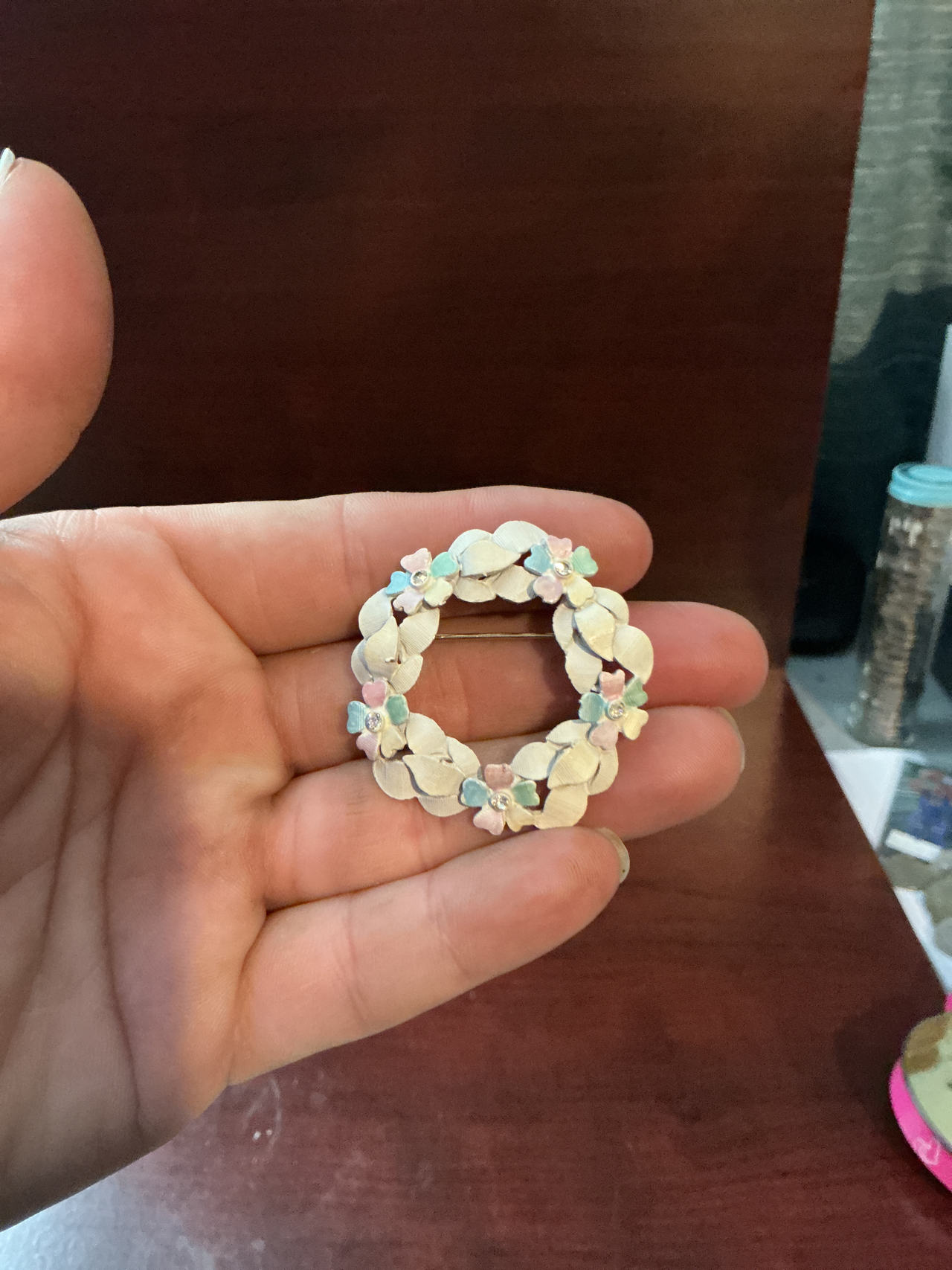 Vintage Enamel Floral Wreath Brooch Pin