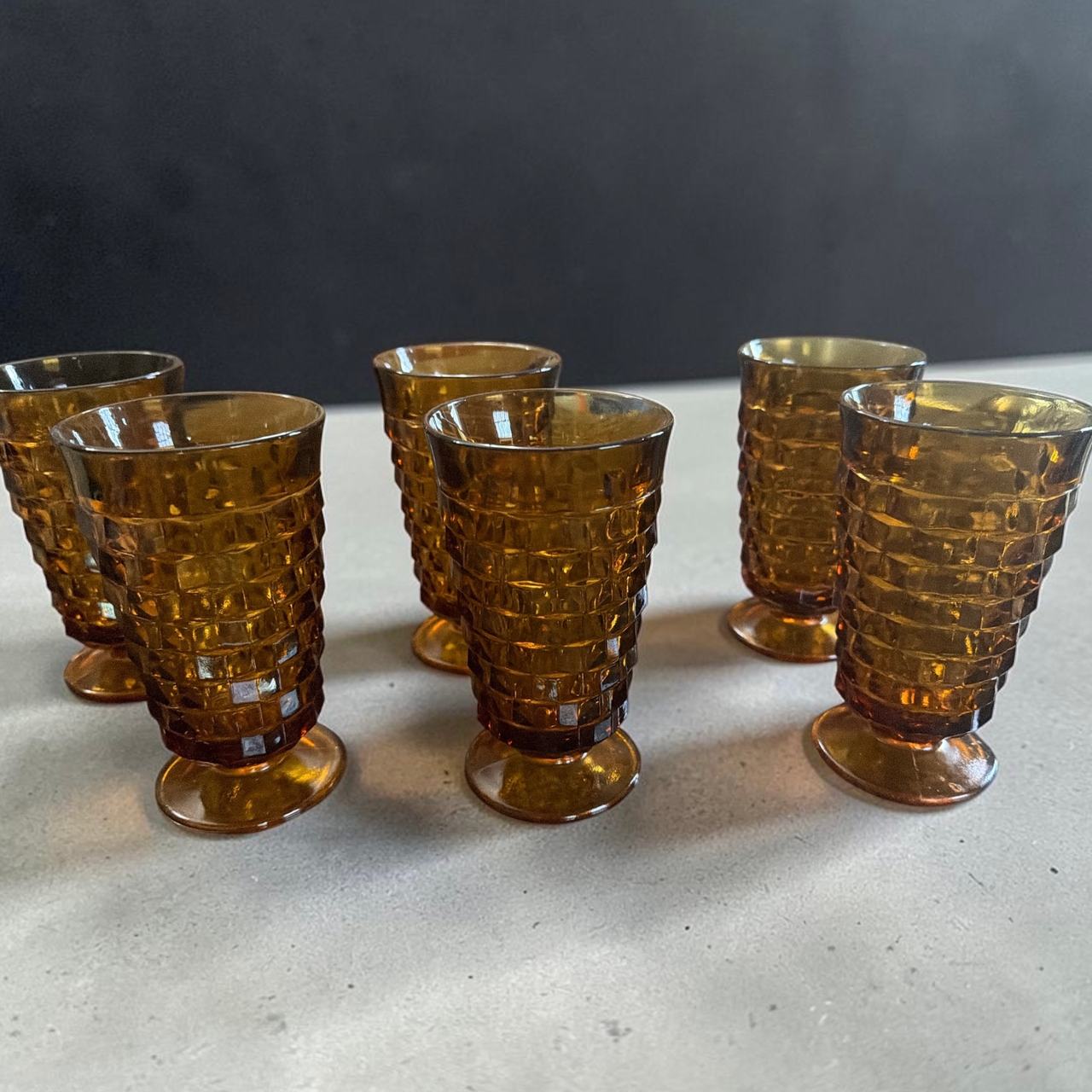 Vintage Indiana Glass Whitehall Amber Footed Tumblers - Set of 6