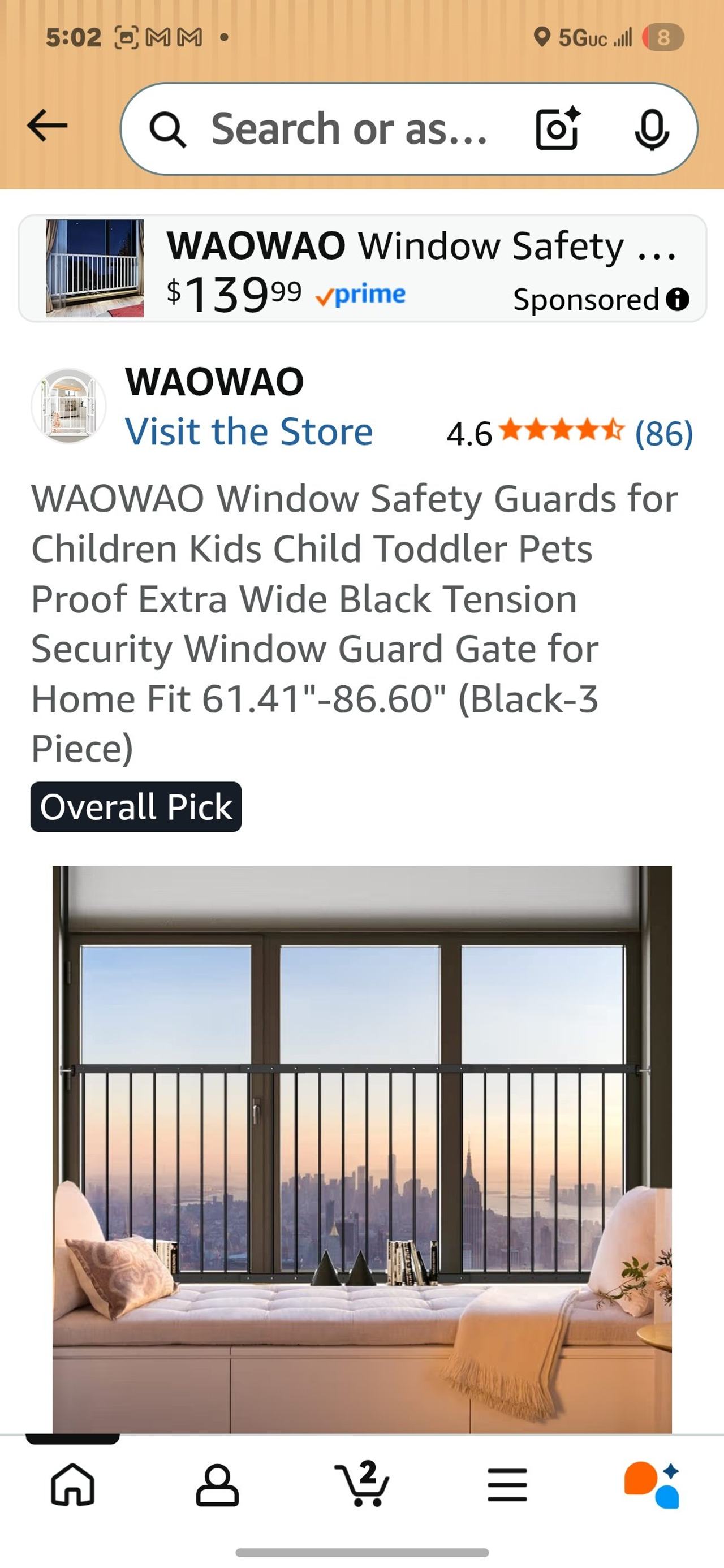WAOWAO Window Safety Guards for Children Extra Wide Black Tension Security Gate