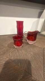 Vintage Ruby Red Glass Vase, Creamer, and Sugar Bowl Set - Image 3