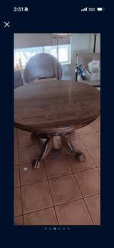 Round Oak Pedestal Dining Table with Claw Feet, Leaf, and 6 Chairs - Image 2