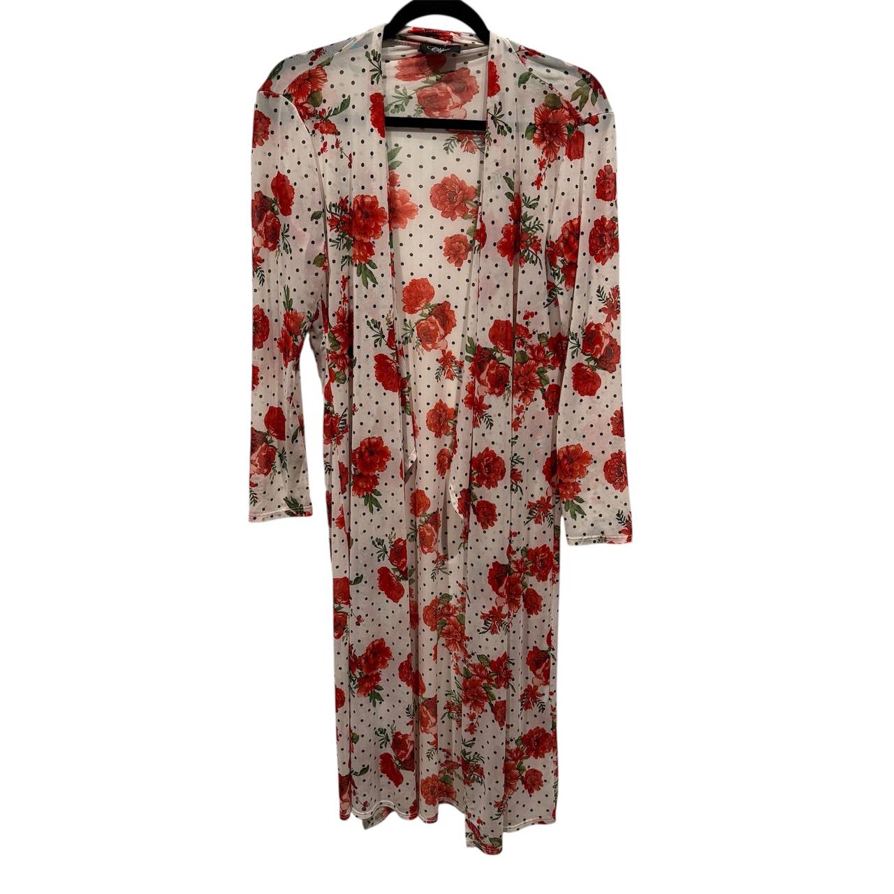 Objec Floral cover up Cardigan one size white with red roses and black polka dot
