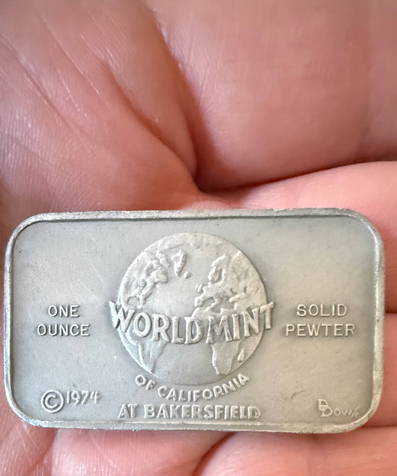 World Mint of California 1 oz Solid Pewter Bar (1974)