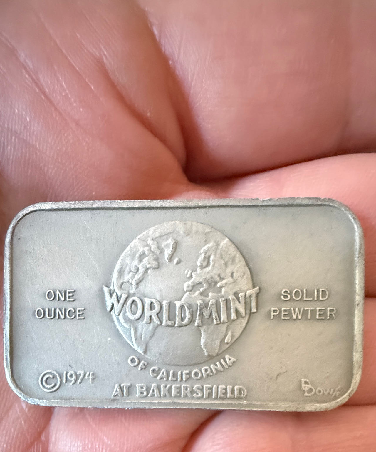 World Mint of California 1 oz Solid Pewter Bar (1974)