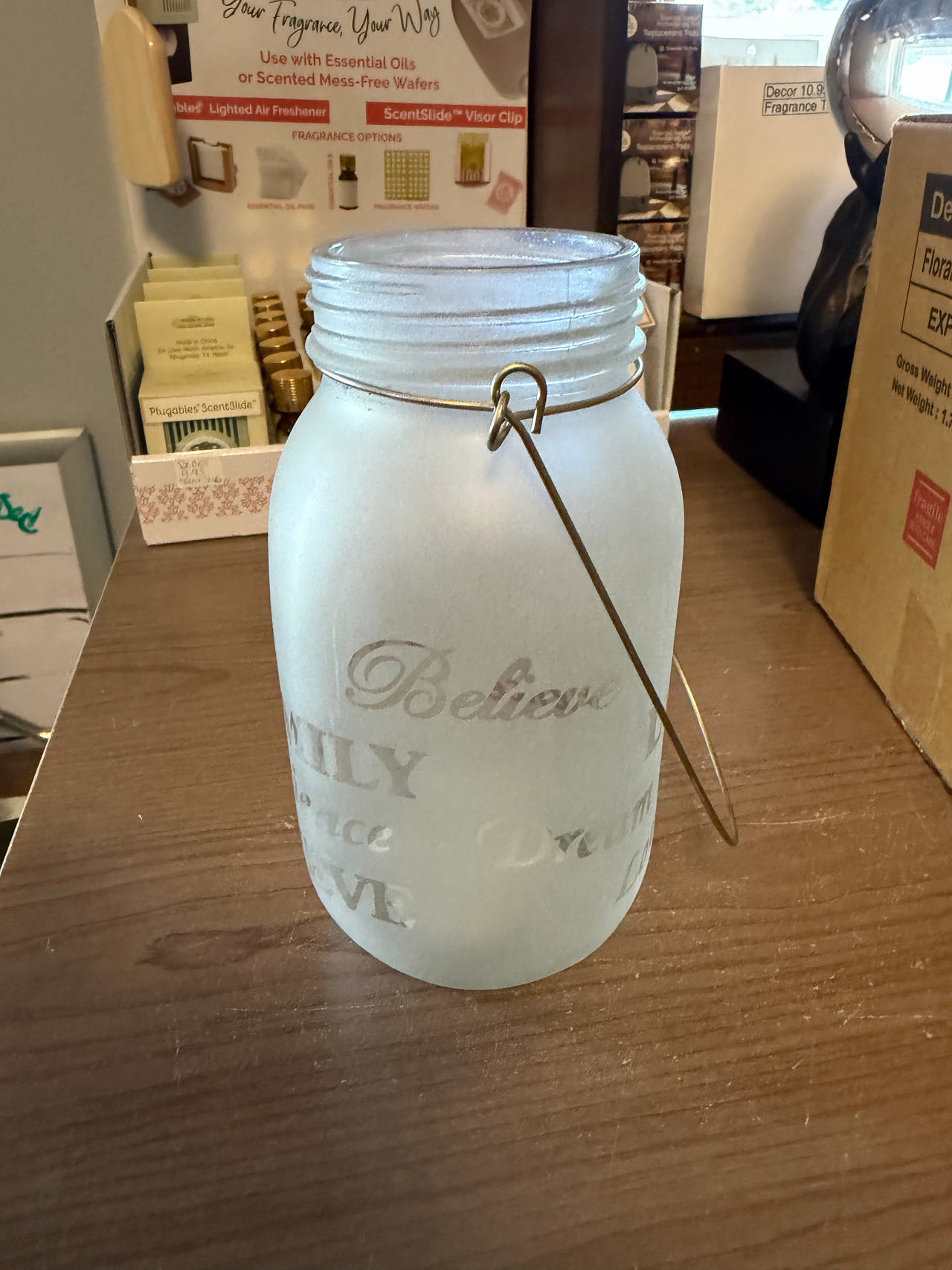 Set of 4 Frosted Glass Mason Jar Lanterns with Inspirational Words