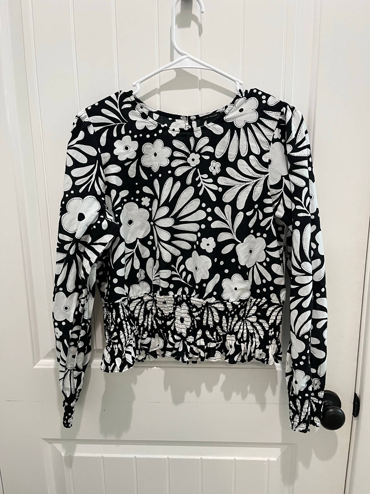 Ann Taylor Floral Smocked Waist Long Sleeve Top