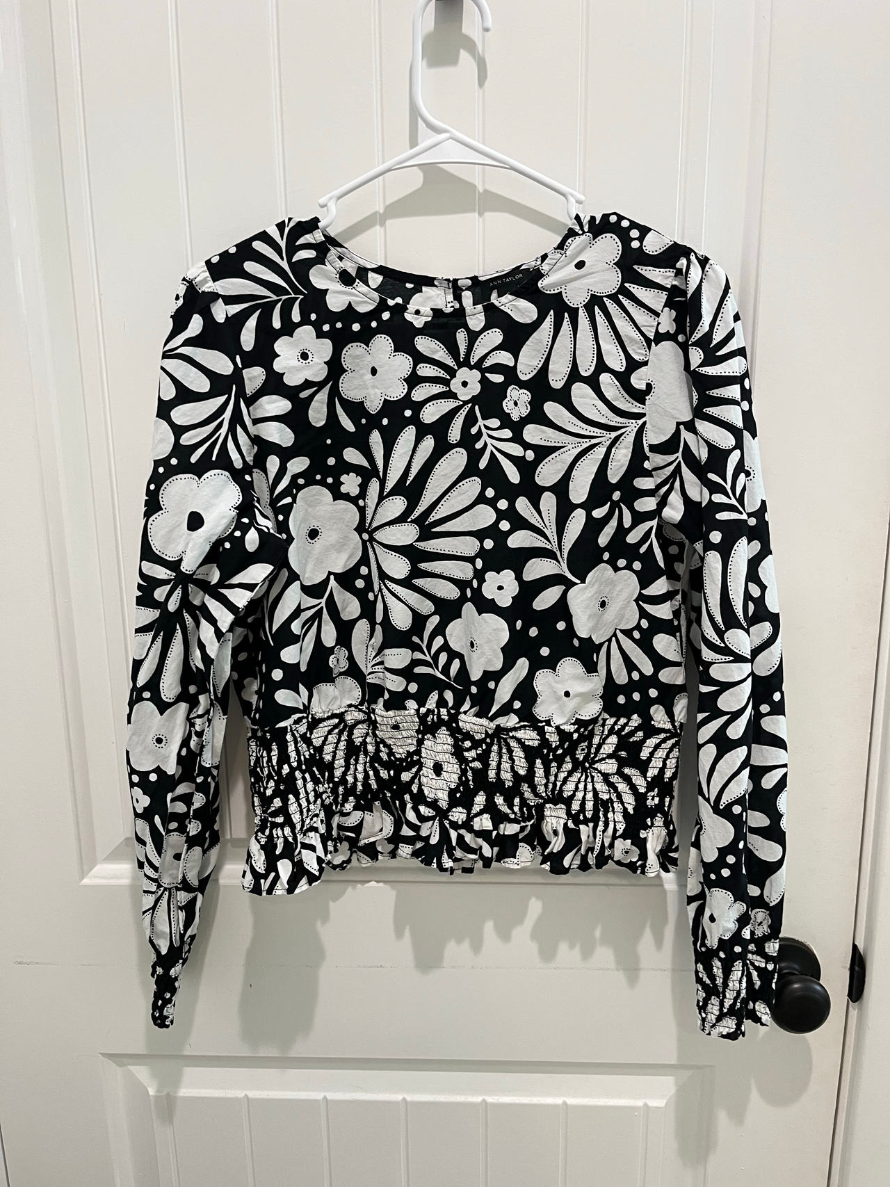 Ann Taylor Floral Smocked Waist Long Sleeve Top
