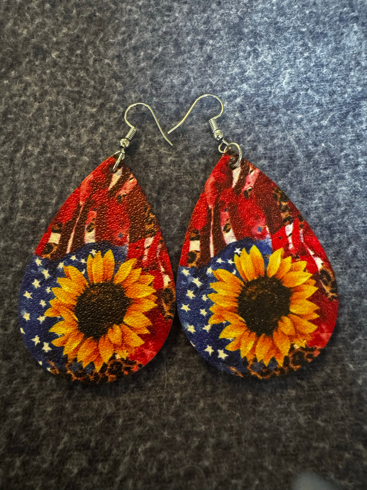 Patriotic Sunflower Faux Leather Teardrop Earrings