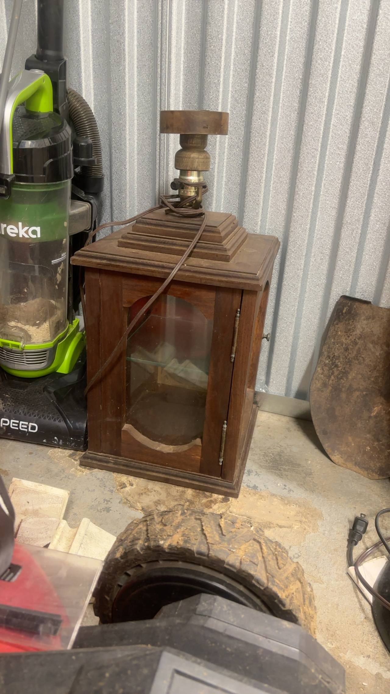 Antique Wooden Candle Lantern with Glass, 12.5"