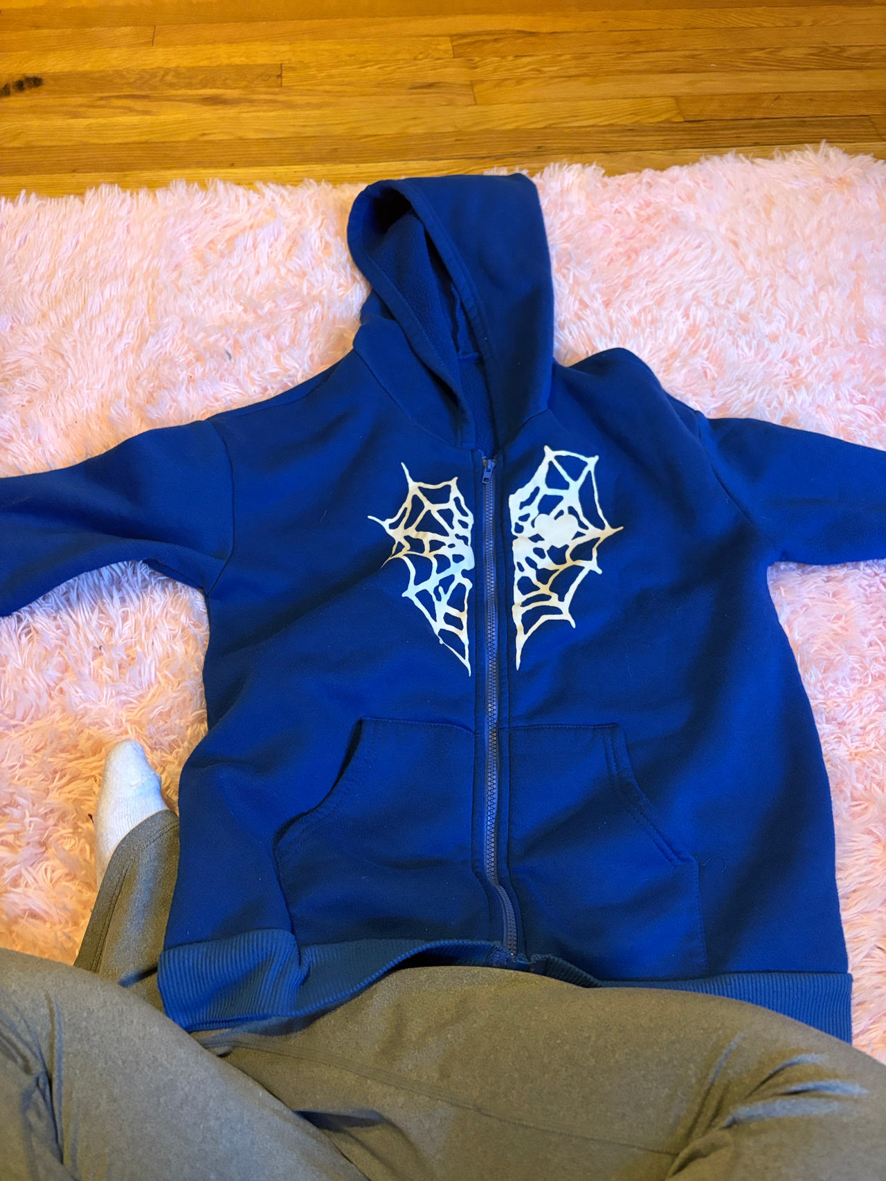 Blue Zip-Up Hoodie with Spider Web Design