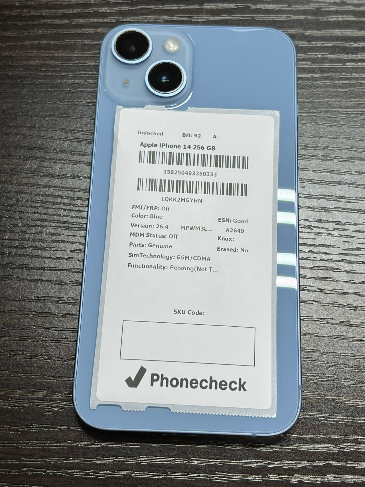 Apple iPhone 14 256GB Blue unlocked 92%  battery health