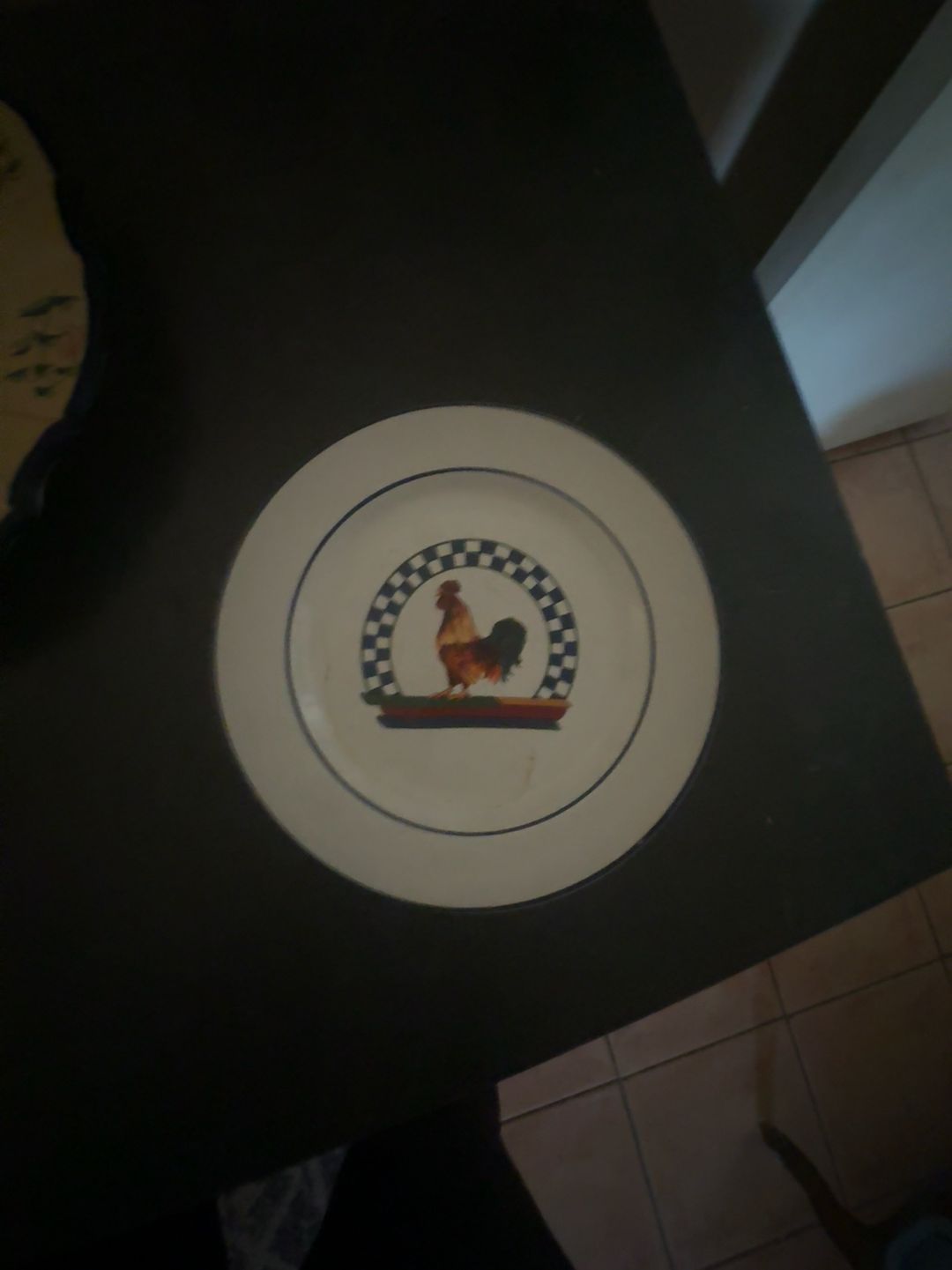 Century Stoneware Rooster Blue Checkered Rim Salad Plate