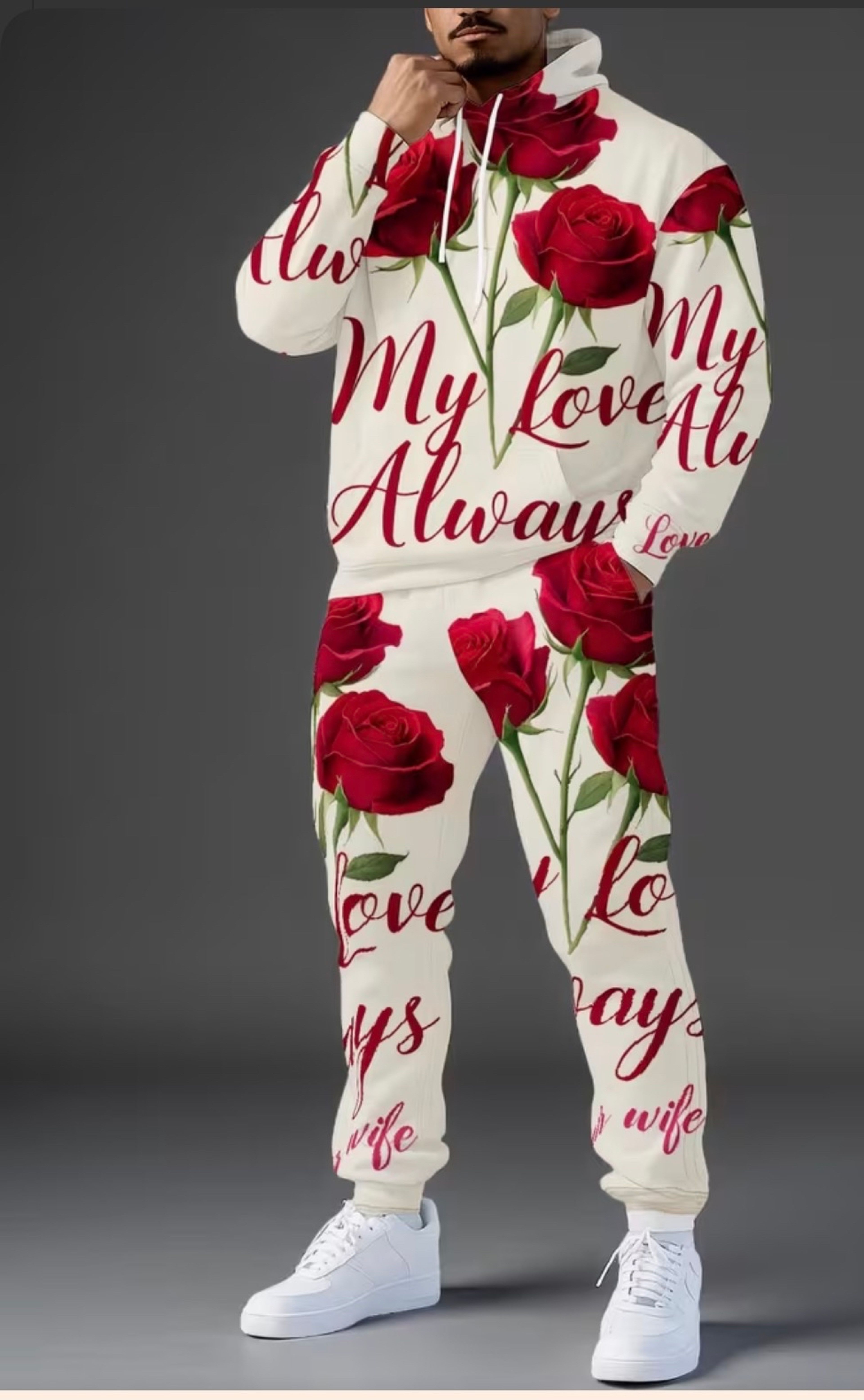 Men's Rose Print Hoodie and Joggers Set