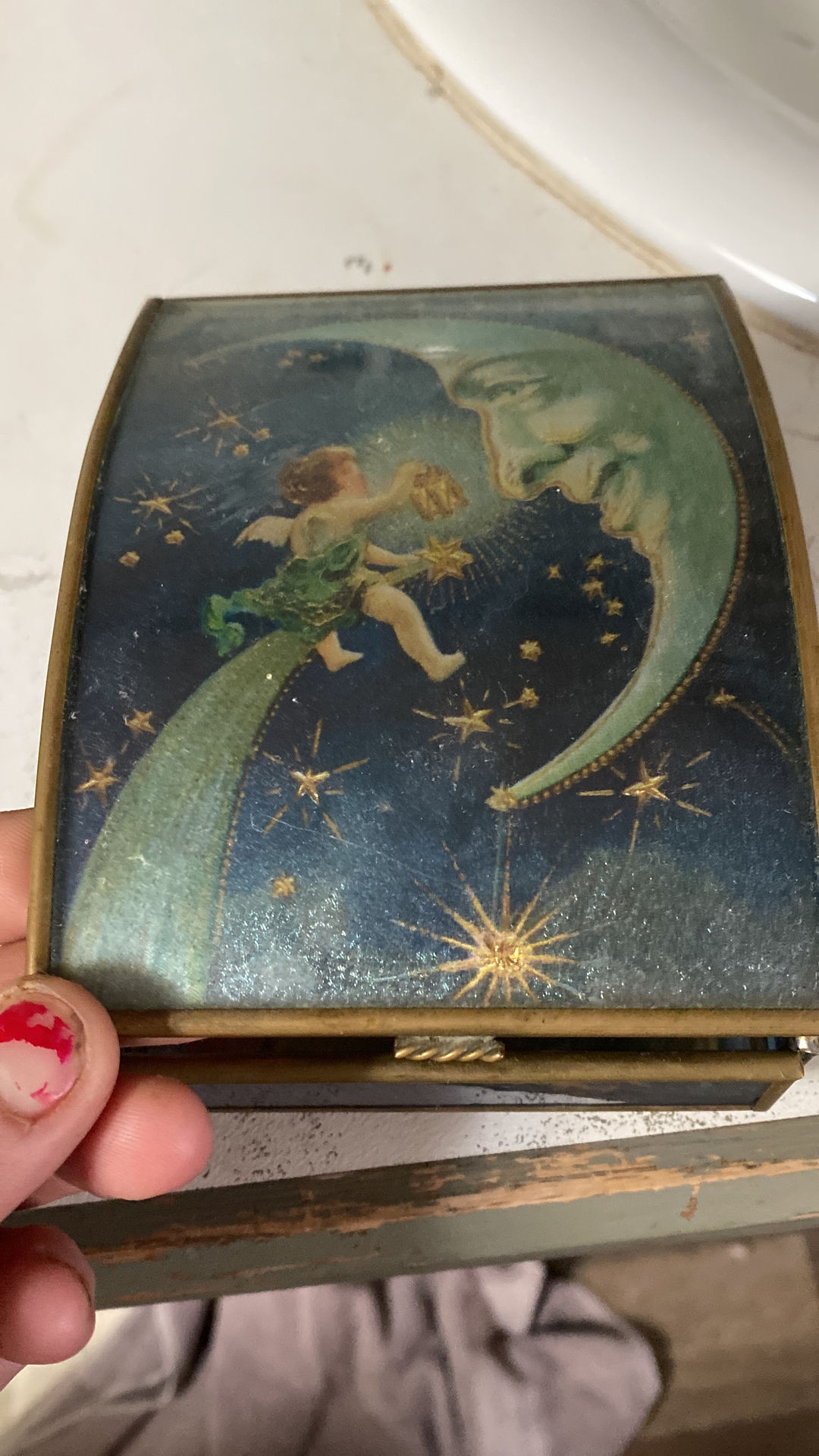Vintage Celestial Moon and Cherub Brass Trinket Box