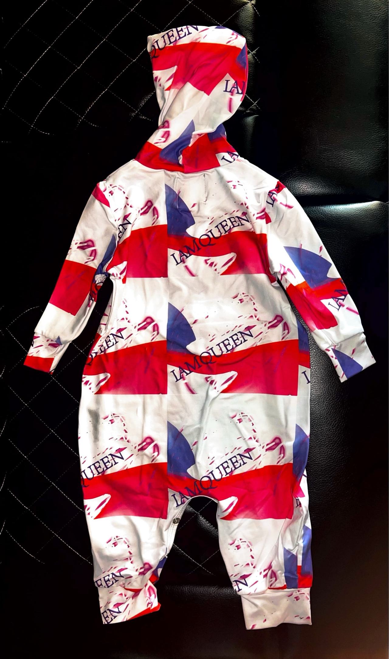 I AM QUEEN Hooded Baby Romper - Red & White Stripes