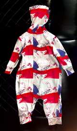 I AM QUEEN Hooded Baby Romper - Red & White Stripes - Image 1