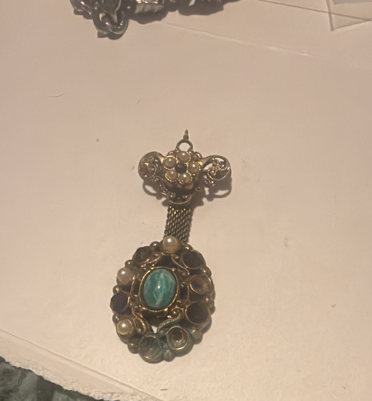 Vintage Victorian Style Faux Turquoise and Pearl Brooch Pendant