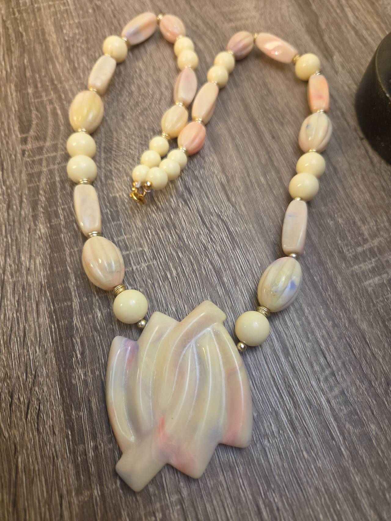Vintage Marbled Resin Statement Necklace with Carved Pendant
