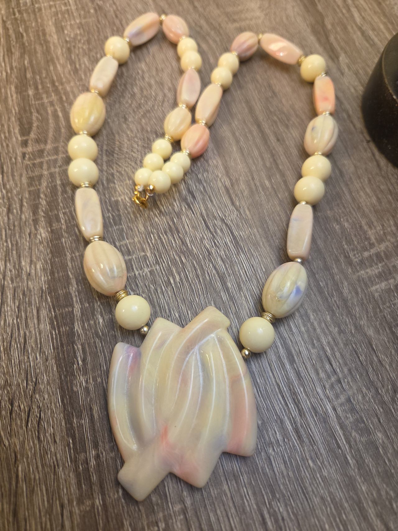 Vintage Marbled Resin Statement Necklace with Carved Pendant