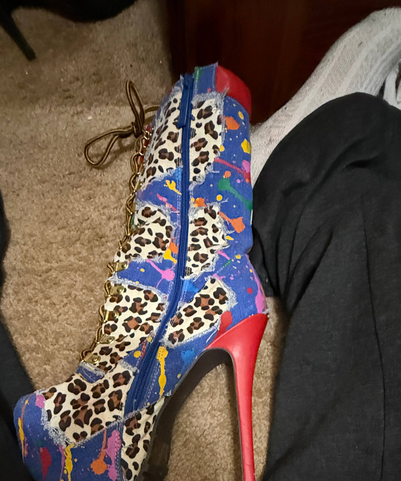 Leopard and Paint Splatter Denim Platform Boots
